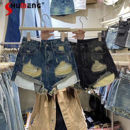 Women's Jeans Spring And Summer Design Ripped Rough-Edge Wide-Leg Shorts Curling Chic Retro Blue Denim Short Pant For Women