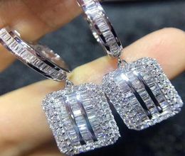 New Sparkling Luxury Jewelry Never Fade 925 Sterling Silver Princess Cut White Topaz CZ Diamond Gemstones Dangle Earring Women Cli5016421