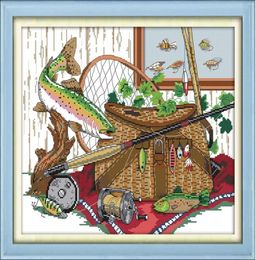 Fishing gear decor paintings Handmade Cross Stitch Embroidery Needlework sets counted print on canvas DMC 14CT 11CT6086824