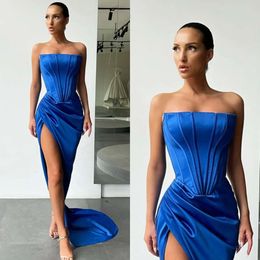 Blue Dresses Bone Royal Strapless Sexy Prom Bodice Party Aftonklänningar Valt slit Semi Formell röd matta lång speciell OCN -klänning