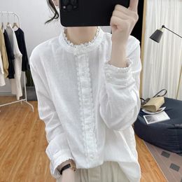 Women's Blouses White Cotton Top Women 2024 Spring Fashion Lace Patchwork O-neck Long Sleeve Button Up Shirt Ladies Casual Cardigan Loose