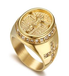 Hip Hop Jewellery Iced Out Jesus Ring Gold Colour Stainless Steel Rings For Men Religious Jewellery Dropshipping Bague homme S6090912