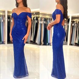 Mermaid Glitter Off Blue Dress Royal Prom Counter Counter الترتر الرسمي المسائي الأنيق الثياب عاريات للسيارات الخاصة بـ OCNS طول الطابق Robe de Soiree