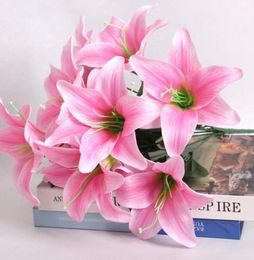 4pcs Artificial 10 Head Lily Silk Flower Leaf Stem For Wedding Bridal Bouquet Home Office Decoration3644442