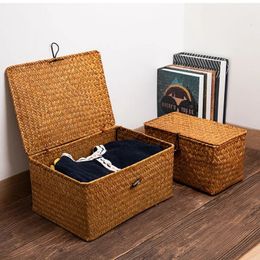 Woven Storage Baskets Large Seagrass Storag Basket with Lid Home Sundries Organzier Multifunction for Organizin Clothes 240415