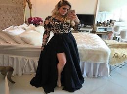 Sexy See Through Dress Black Long Sleeves High Low Prom Dresses With Detachable Skirt Lace Applique Evening Party Dresses Gowns2248153