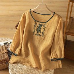 Women's Blouses Ladies Top Embroidered O Neck Summer Blouse Elegant 3/4 Sleeve Cotton Linen Woman Vintage Solid Color Lady