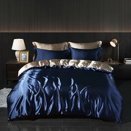 Luxury Satin Bedding Set With Fitted Sheet Duvet Cover High End Sets Density Solid Colour 240425