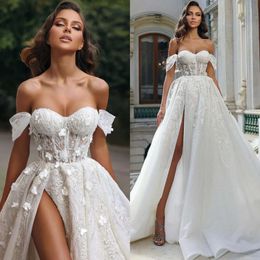 Aus Vintage für Braut eine Linie Kleider Schulterspitzen Hochzeitskleid Pailletten Applikationen Split Designer Brautkleider Ppliquen