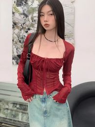 Streetwear Burgundy Mesh Tops Long Sleeve Lace Up Square Collar T Shirt Women Crop Top Autumn Summer Y2k Chic Tops Chic 240422