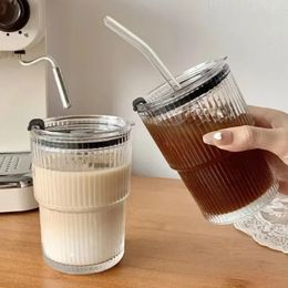 450ml Ins Coffee Glass Highvalue Ice American Latte Milk Cup Transparent Tea Vertical Stripe with Lid Straw Water 240429