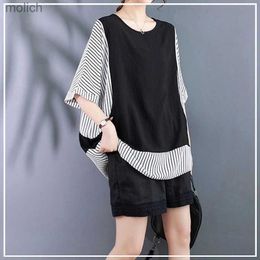 Women's T-Shirt 2024 Summer Leisure Sports Fashion Loose Plus Extra Large Round Neck Patch Work Stripe Print Short Sleeve Large Womens T-shirtWX