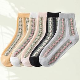 Women Socks 5 Pairs Fashionable Mid-calf Length Girl Breathable Floral Printing Beautiful