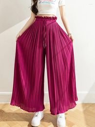 Women's Pants ZOKI Chiffon Women Ruffles Elastic High Waist Pleated Wide Leg Summer Korean Loose Casual OL Lace Up Trousers