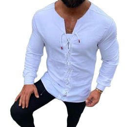 Men's Casual Shirts Solid Color Fashion Shirt Long Sleeve Blouses Men Clothing Summer Top Pullovers Collarless White Bandage Blusas Man 243b