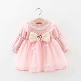 Girl's Dresses Autumn Spring Baby Girls Long Sleeve Mesh Dress Lace Bow Party Children Clothing Korean Style Toddler Kids Costume 0 to 3 Yrs