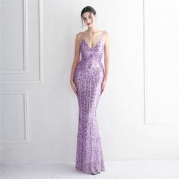 Runway Dresses Yidingzs Women Purple paljettklänning Rem party maxi klänning sexig v hals aftonklänning lång prom klänning y240426