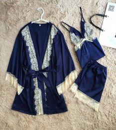 3PCS Women Lace Night Silk Satin Pyjama Sleepwear Robes Nightwear Gown Ladies Strappy Solid Shorts5798402