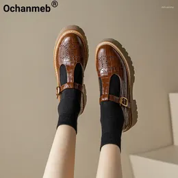 Casual Shoes Ochanmeb Real Leather T-strap Hollow Loafer Women Chunky Platform Crocodile Print Flats Designer Buckle Strap Daily Leisure