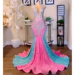 Prom Sequins Long Pink Blue Dress For Black Girls Sheer O Neck Beaded Crystal Birthday Party Gown Green Sequined Evening Dresses Mermaid Es Es