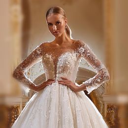 Luxus Perlen Hochzeitskleid 2024 Illusion Hals Langarm Spitze Applikationen Prinzessin Braut Ballkleider Vestidos de Novias Customed