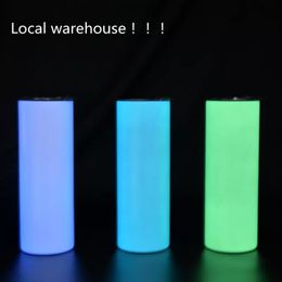 Local warehouse Sublimation Straight Tumbler 20oz Glow in the dark Blank Skinny Tumblers with Luminous paint Vacuum Insulated Heat Transfer Car Mug 7 Styles 259i