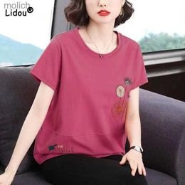 Women's T-Shirt Leisure solid round neck embroidered top summer womens fashionable and simple short sleeved floral womens T-shirtWX