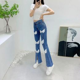 Women's Jeans Embroidery Sequin Wing Skinny Tight Stretch High Waist Slim Flare Denim Pant Bootcut Bell Bottom Women Mom Y2k Oversized