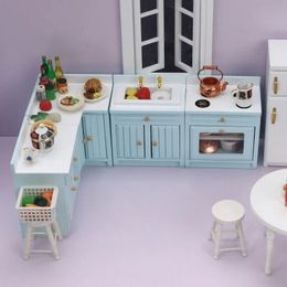 1 12 BJD DOLLHOUSE Mini Kitchen Decoration Model Furniture Corner Cabinet Blue Kitchen Top Cover Set OB11 Doll House Accessories 240424