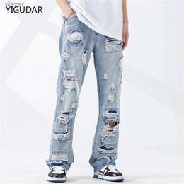 Men's Jeans Cracked hole jeans mens summer bag oversized S-3XL mop denim wide leg Trousers casual retro WX02420