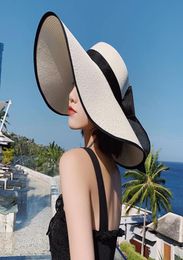 lady flat along the sunscreen straw hat version of summer hat outdoor flat top foldable bow sun hat whole 15cm8696444