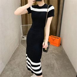 Work Dresses Retro Short-sleeved Knitted Top Black White Hollow Chain Two-piece Suit Long Skirt Women