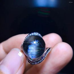 Cluster Rings Natural Brookite Platinum Rutilated Quartz Adjustable Ring 12mm Round Black 925 Sterling Silver