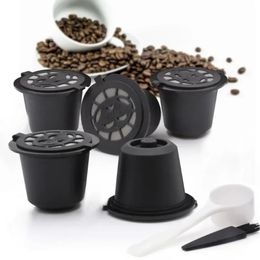 6PCS Reusable Nespresso Coffee Capsules Cup With Spoon Brush Black Refillable Capsule Refilling Filter Coffeeware Gift 240416