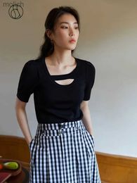 Women's T-Shirt DUSHU Irregular Neckline Design Womens Knitted Short sleeved Top Solid Casual Puff Sleeve Womens Summer T-shirt Black T-shirtWX