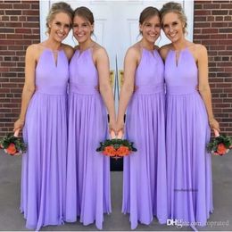 Cheap Sexy Lavender Long Beach A Line Bridesmaid Dresses Halter Neck Chiffon Pleats Backless Maid Of Honor Gowns Wedding Guest Dress 0430