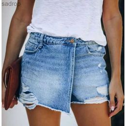 Skirts Womens torn and repaired denim shorts high waisted body compression holes bottom leg openings sexy shorts XW