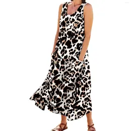 Casual Dresses Floral Leopard Summer Women Sleeveless Sundress Elegant Round Neck Loose Boho Long Tank Dress Vintage Pockets Beach Vestidos