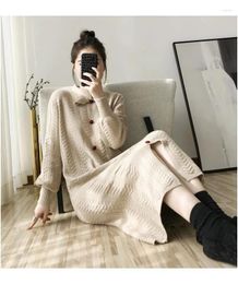 Casual Dresses Autumn Winter Knitted Single Breasted Woollen Dress Over Knee Women's Loose Mid Length With Coat Bottom