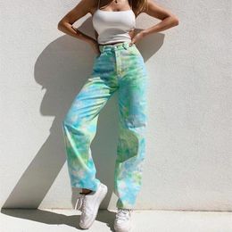 Women's Jeans Streetwear Tie-dye Print Women Washed Denim Straight Pants Spring Summer High-waist Casual Trousers Young Lady Green