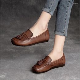 Casual Shoes 2024shoes Women Classic Tassel Overlay Office Lady Simple Solid Genuine Leather Soft Loafers For