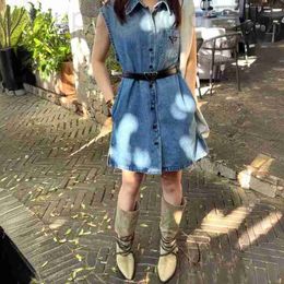 Basic & Casual Dresses designer P family inverted triangle decoration denim vest women's loose and fashionable sleeveless shirt jacket dress QFSV