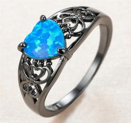 Wedding Rings Vintage Female Blue Opal Stone Ring Charm 14KT Black Gold Hollow For Women Luxury Bride Love Heart Engagement2478410