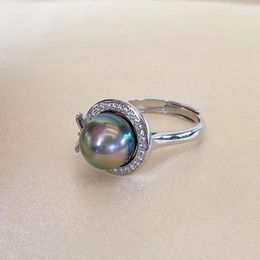 Cluster Rings 9-10mm Real Tahitian Black Pearl Ring Adjustable 925 Sterling Silver With Natural Seawater For Women Wedding Jewellery