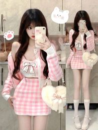 Work Dresses Kawaii Clothing 3 Piece Skirt Set Women Pink Plaid Cardigan Casual Vest Y2k Sweet Mini Elegant Korean Fashion Suits