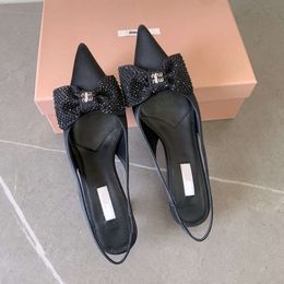 Spring/Summer Style Temperament Pointed Cat French Elegant Intellectual Bow Glitter Diamond One line Strap Single Shoes High Heels Female