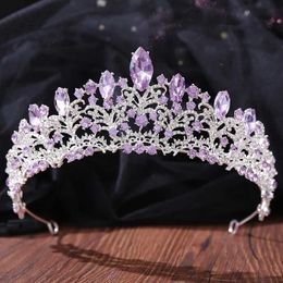 Tiaras Fashion Luxury Queen Princess Light Purple Crystal Crown Bride Tiara Wedding Korean Headpiece Hair Jewellery Accessories