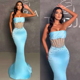 Pärlor sjöjungfru himmel elegant blå kväll stropplös formell parti prom klänning veckar illusion bodice klänningar för speciella ocn es