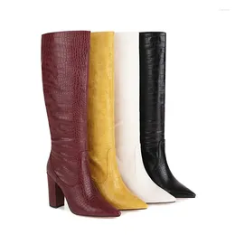 Boots Black Yellow White Wine Red Women Knee High Square Heel Pointed Toe PU Leather Winter Shoes Big Size 43