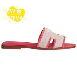 Женские туфли летние тапочки дизайнерские сандалии пляжные туфли оран Canvas Flat Bottom Fashion Slippers Женские розовые с оригинальной обувной коробкой